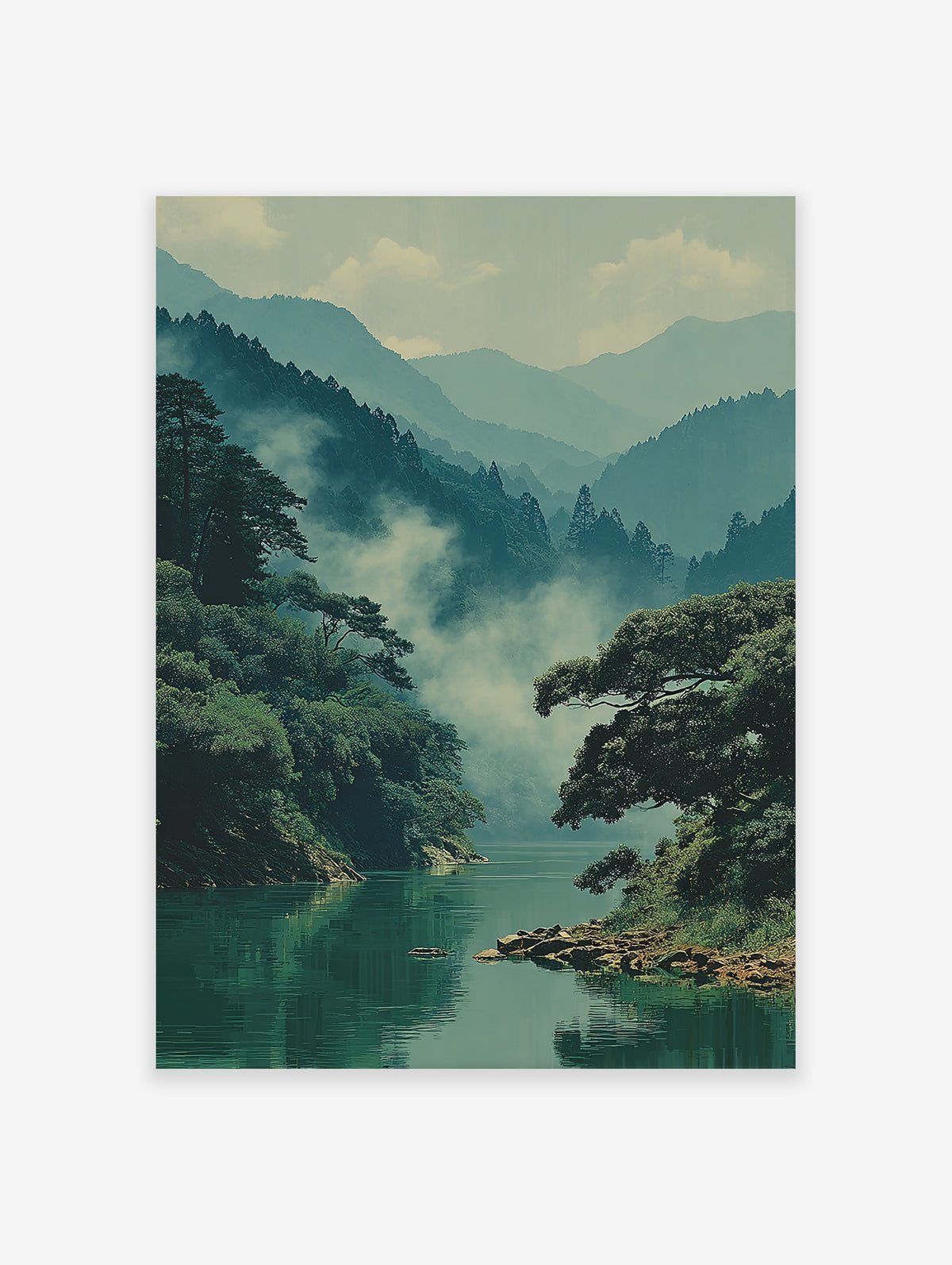 Misty Mountain Lake Poster featuring a serene green lake surrounded by lush green trees and fog-covered mountains.