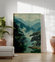 Misty Mountain Lake Poster featuring a serene green lake surrounded by lush green trees and fog-covered mountains. - Image 3
