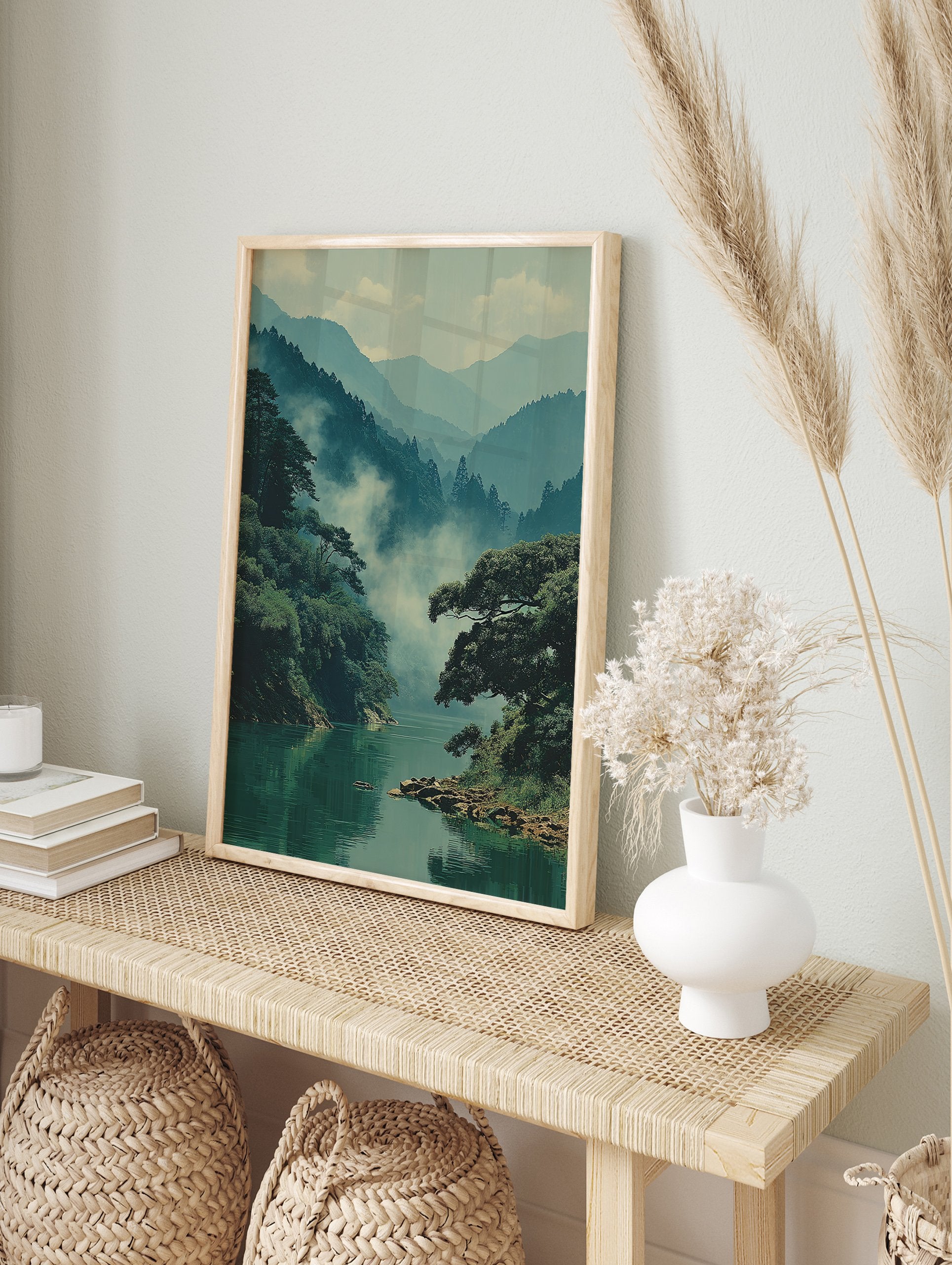 Misty Mountain Lake Poster featuring a serene green lake surrounded by lush green trees and fog-covered mountains. - Image 4
