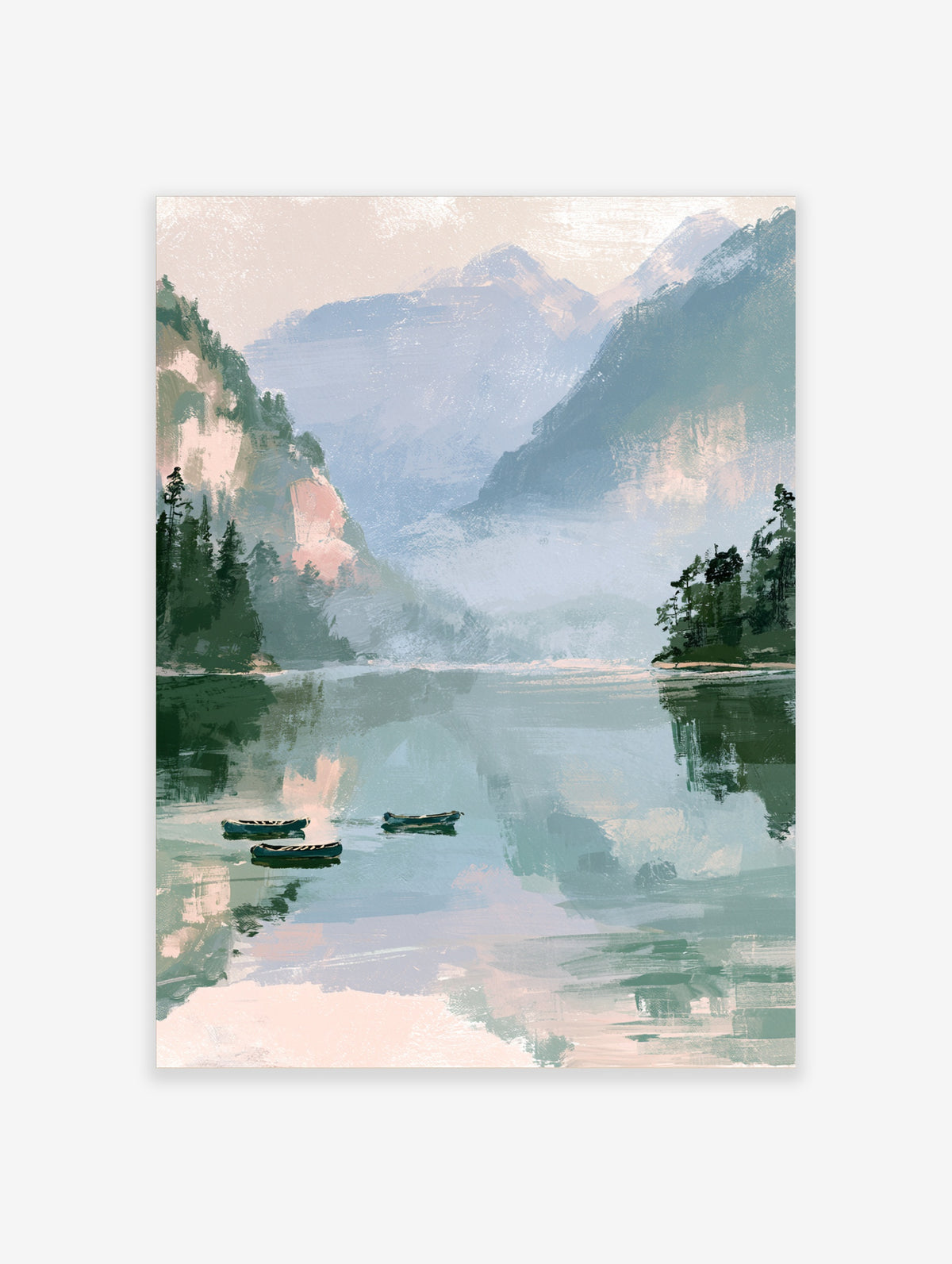 Misty mountain lake art print with three boats, pine trees, and soft pink and green reflections