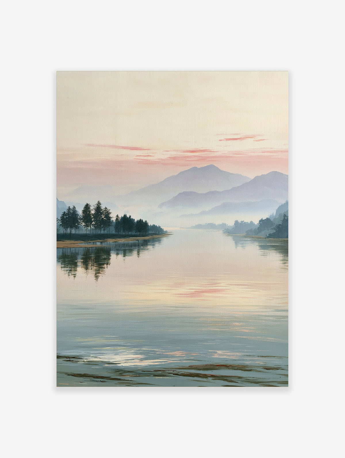 Misty mountain lake landscape art print with pine trees and pink sky reflection
