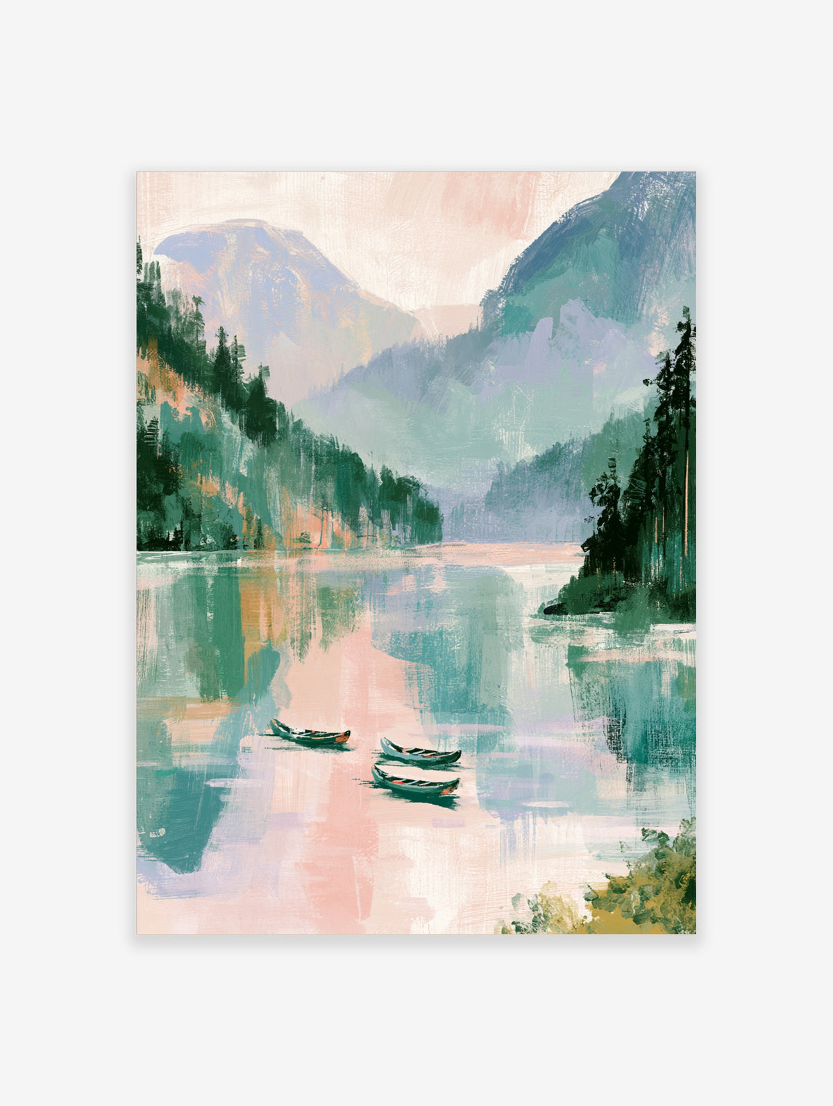 Misty mountain lake art print with three green canoes, pine trees, and pink reflections