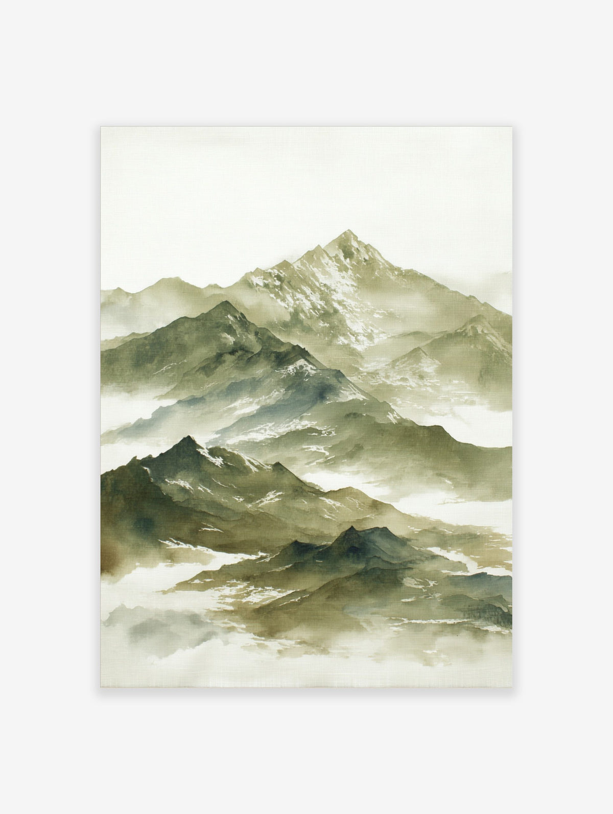 Watercolour painting of a layered misty mountain range with snow-capped peaks in green and white