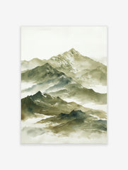 Watercolour painting of a layered misty mountain range with snow-capped peaks in green and white