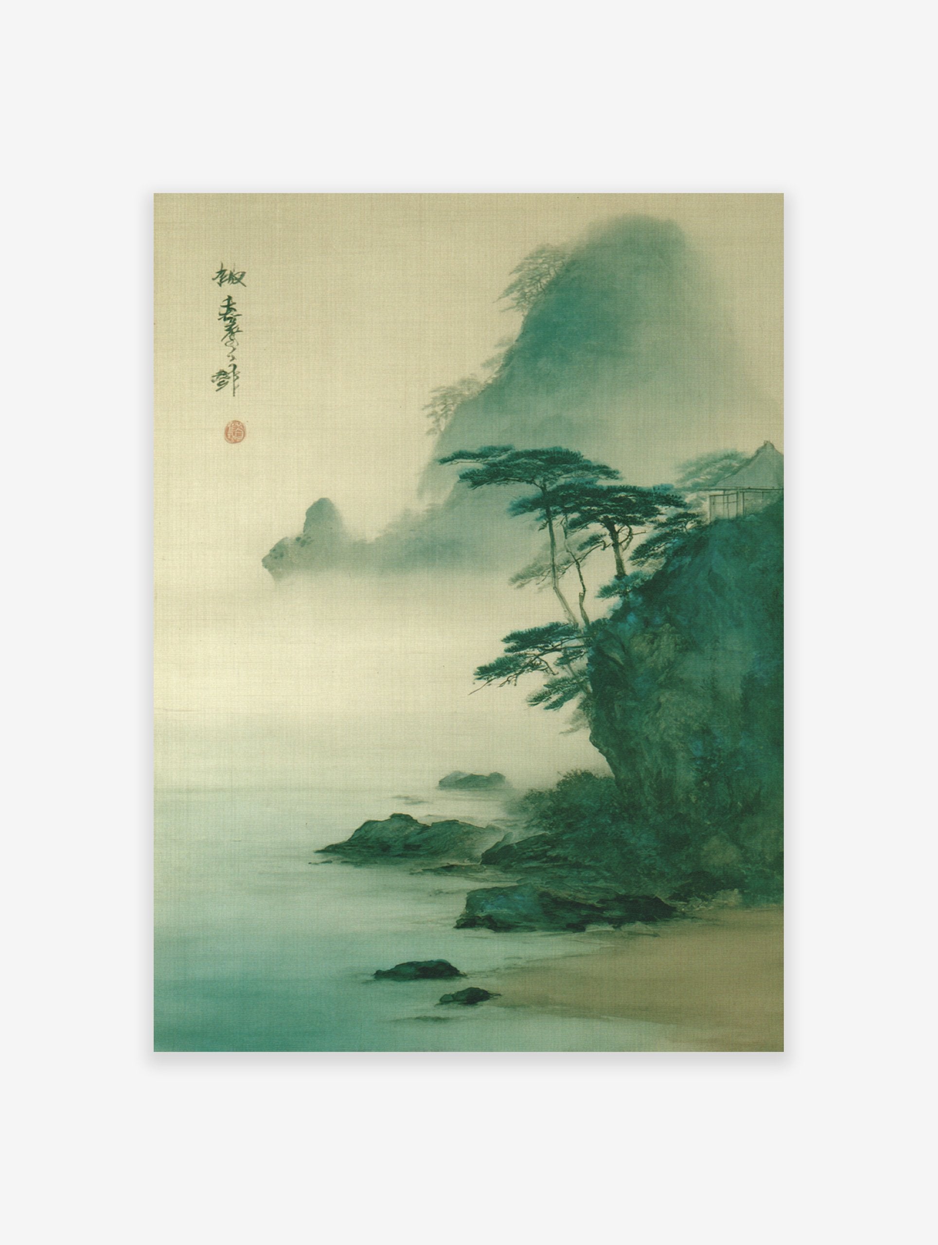 Misty Japanese landscape wall art featuring mountains, pine trees on cliffs, a coastal beach, and calm waters in muted green and beige tones.