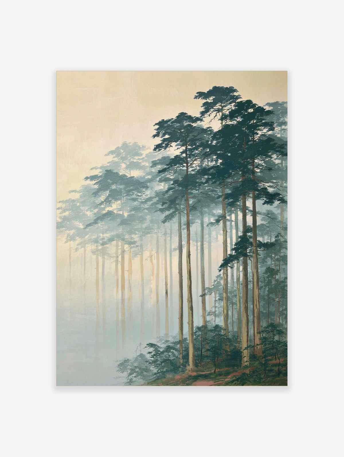 Misty pine forest art print with tall vertical trees and green canopies fading into beige haze