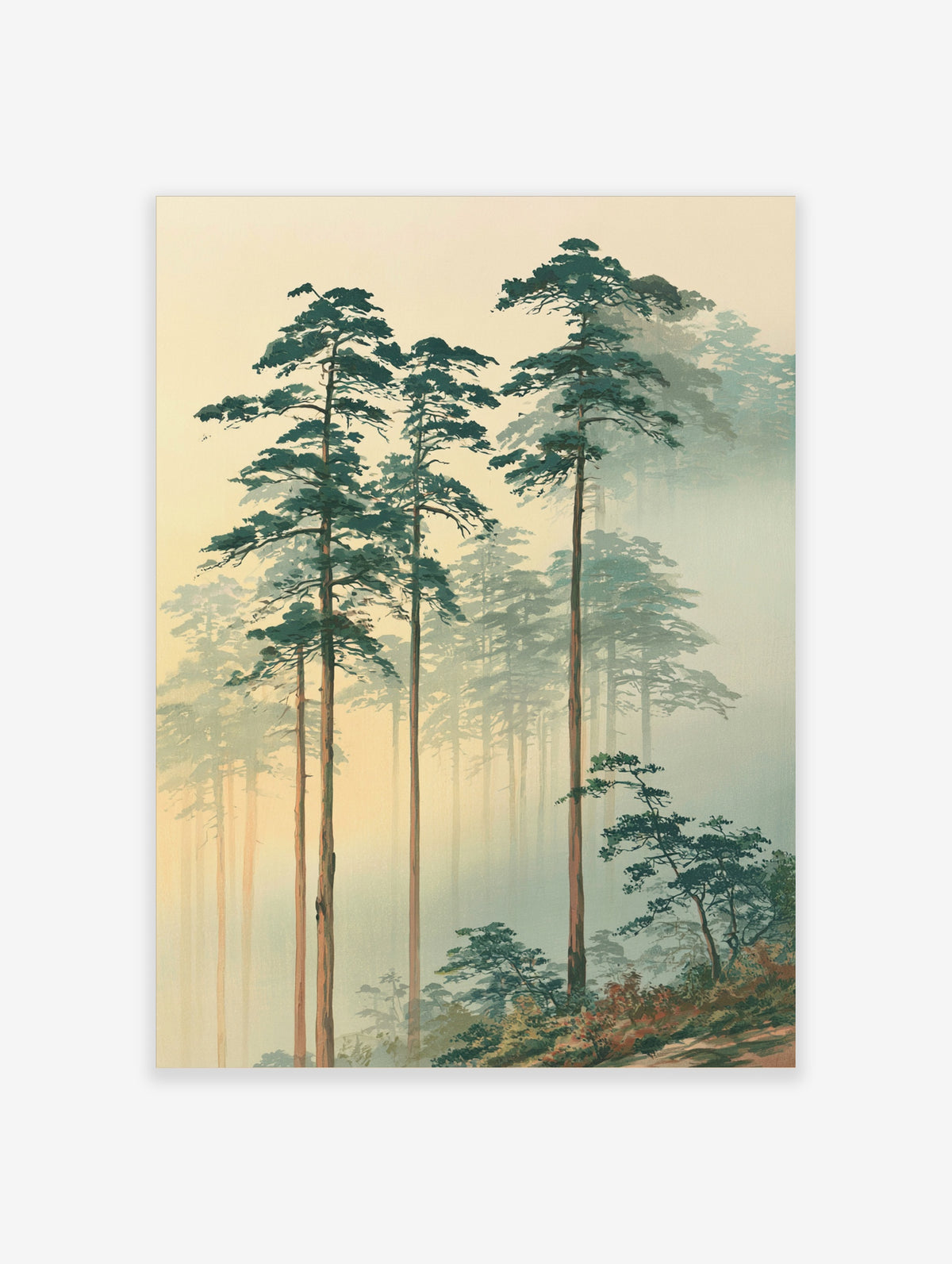 Tall pine trees in mist, Japanese woodblock style forest art print with green foliage and brown trunks