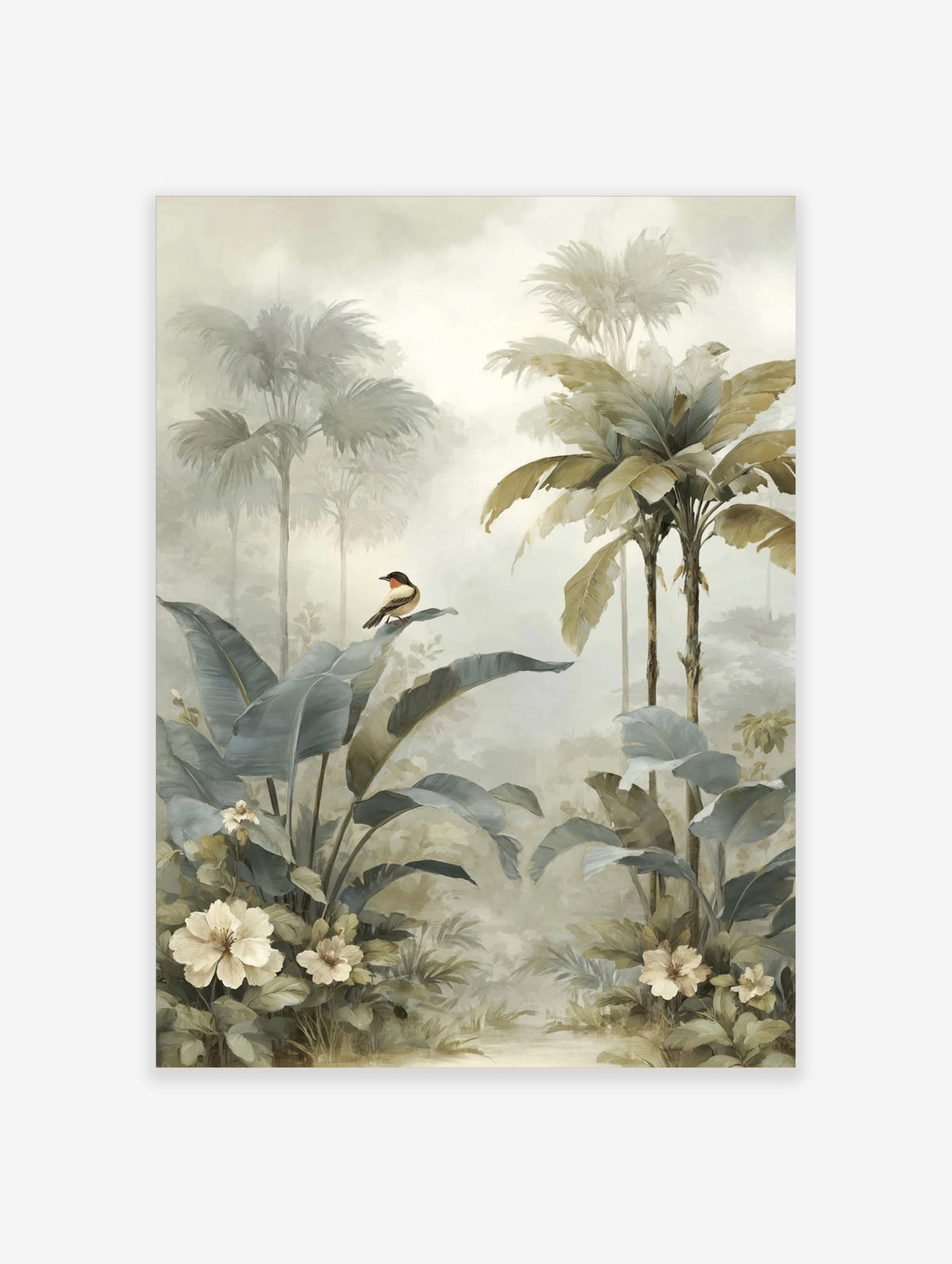 Misty tropical jungle art print with large green leaves, palm trees, a small bird, and white flowers