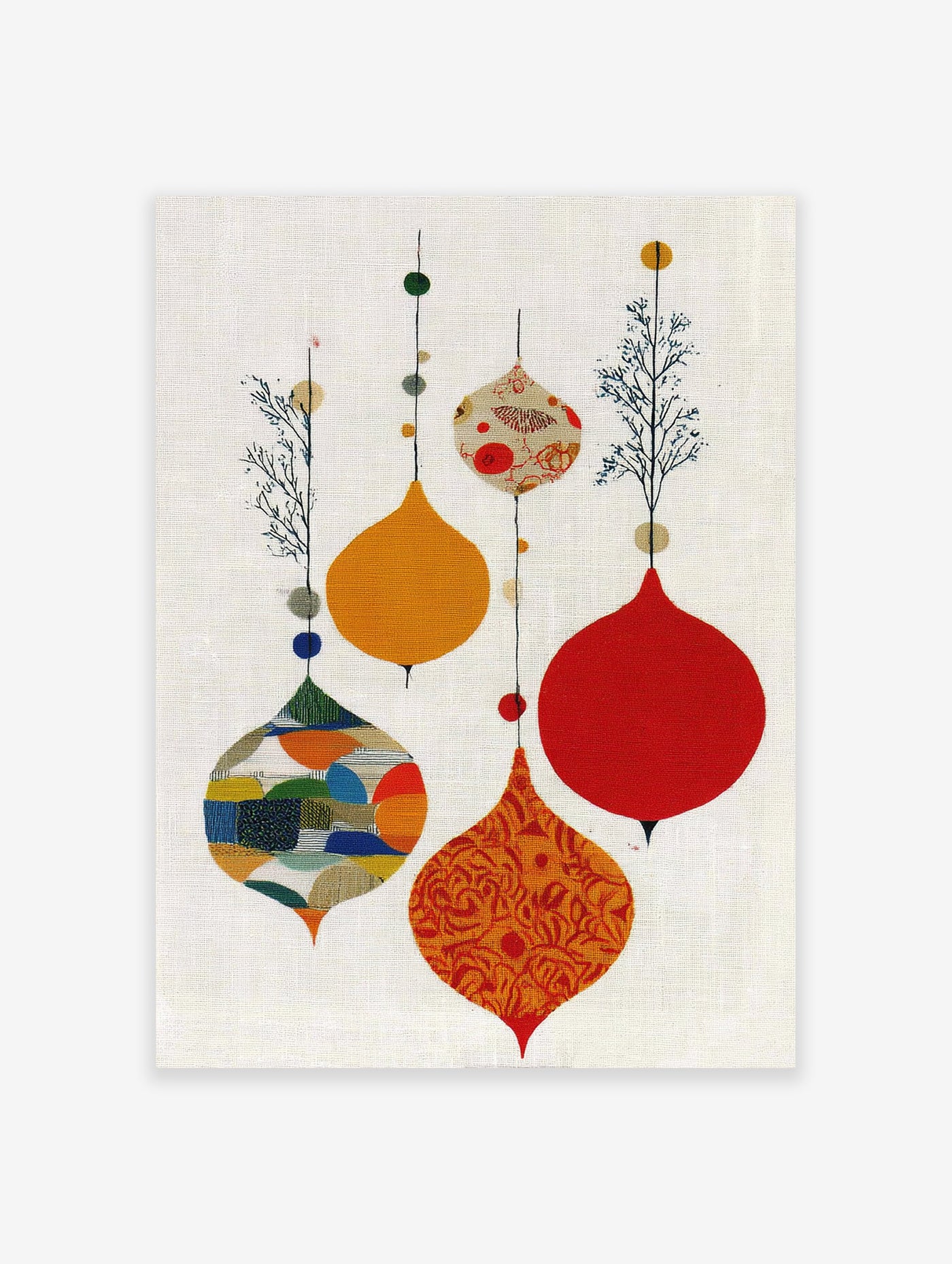 Modern abstract wall art print with multi-color decorative pods, patterns, and botanical accents on a light background.