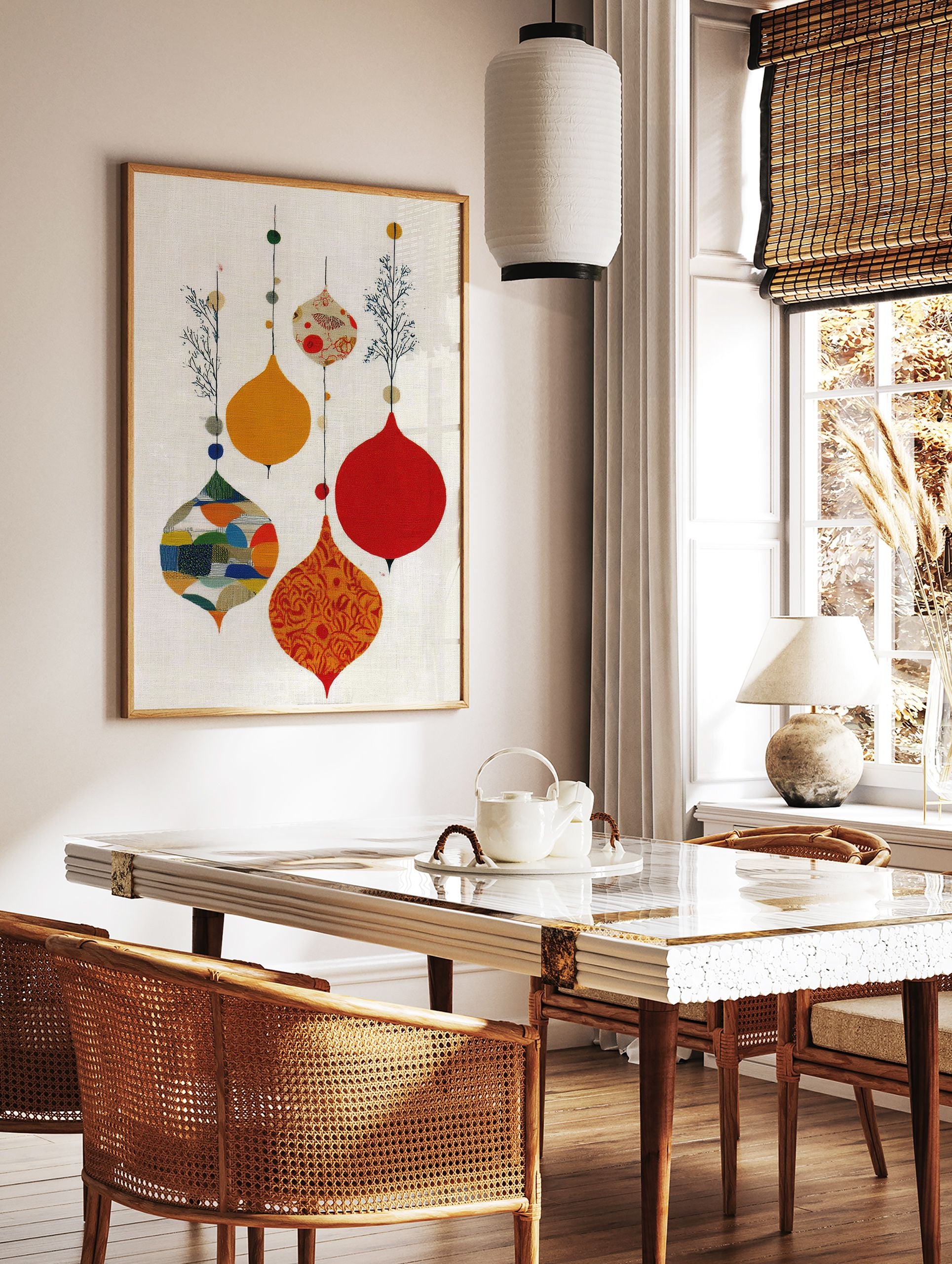 Modern abstract wall art print with multi-color decorative pods, patterns, and botanical accents on a light background. - Image 3