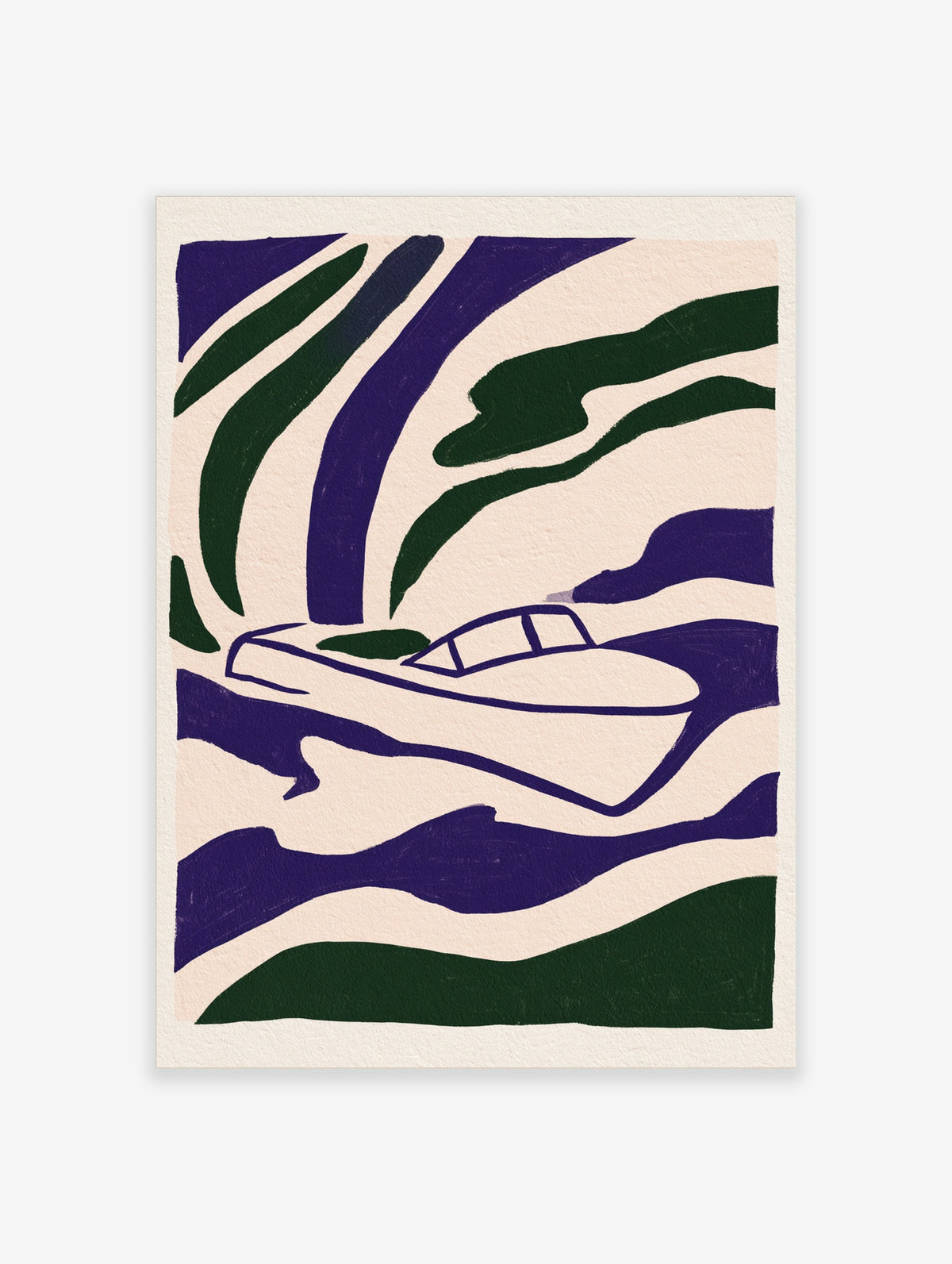 Abstract speedboat art print with navy and green waves on cream background
