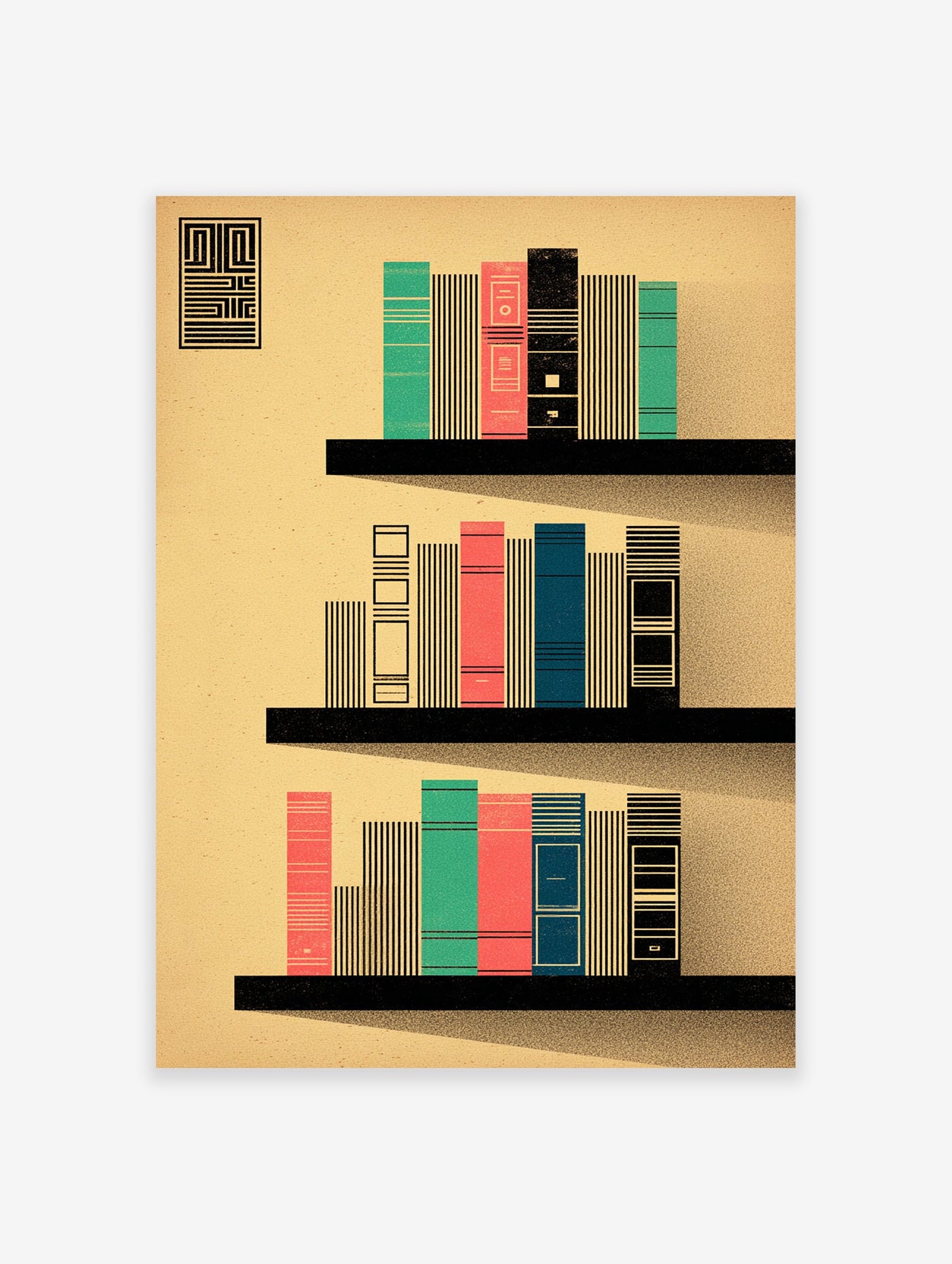 Modern bookshelf art print with geometric books in teal, coral, and blue on black shelves against a beige background.