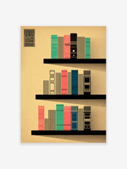 Modern bookshelf art print with geometric books in teal, coral, and blue on black shelves against a beige background.