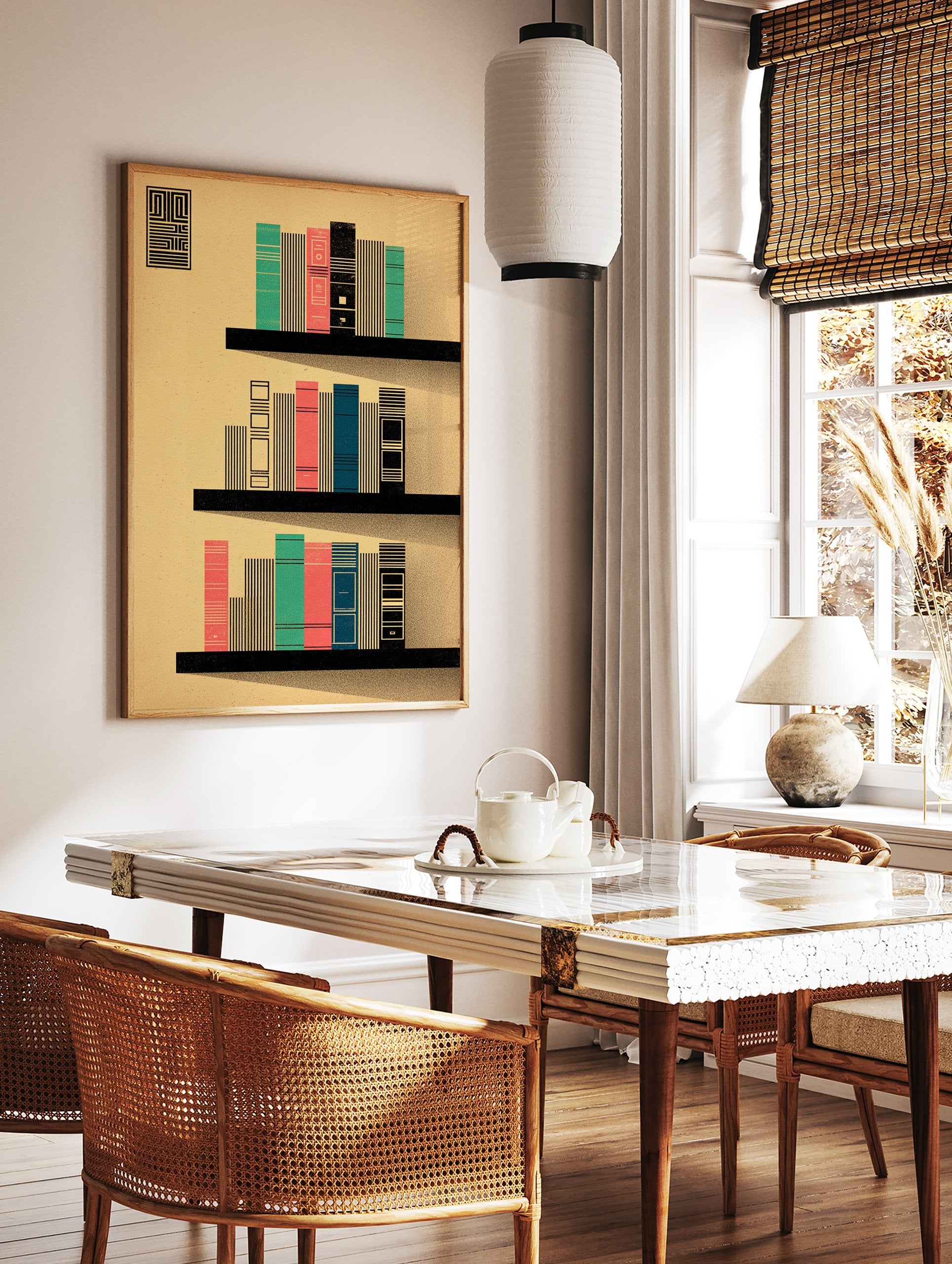 Modern bookshelf art print with geometric books in teal, coral, and blue on black shelves against a beige background. - Image 2