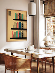 Modern bookshelf art print with geometric books in teal, coral, and blue on black shelves against a beige background. - Image 2