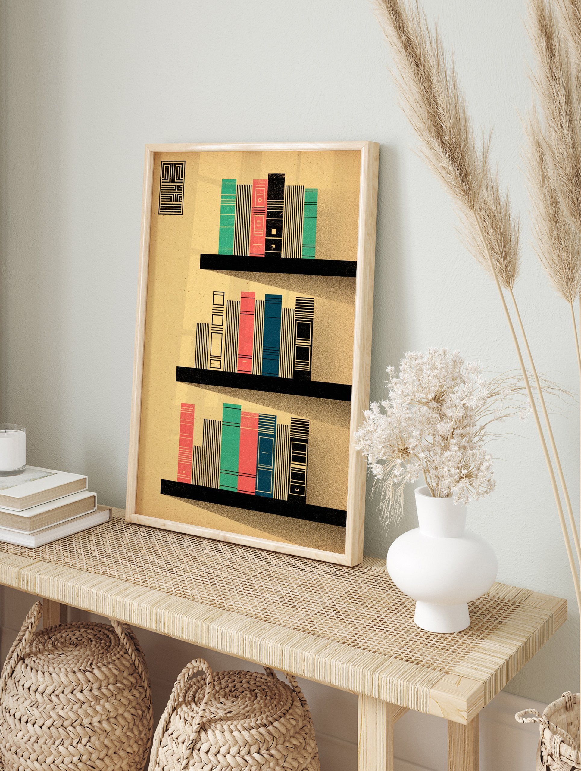 Modern bookshelf art print with geometric books in teal, coral, and blue on black shelves against a beige background. - Image 3