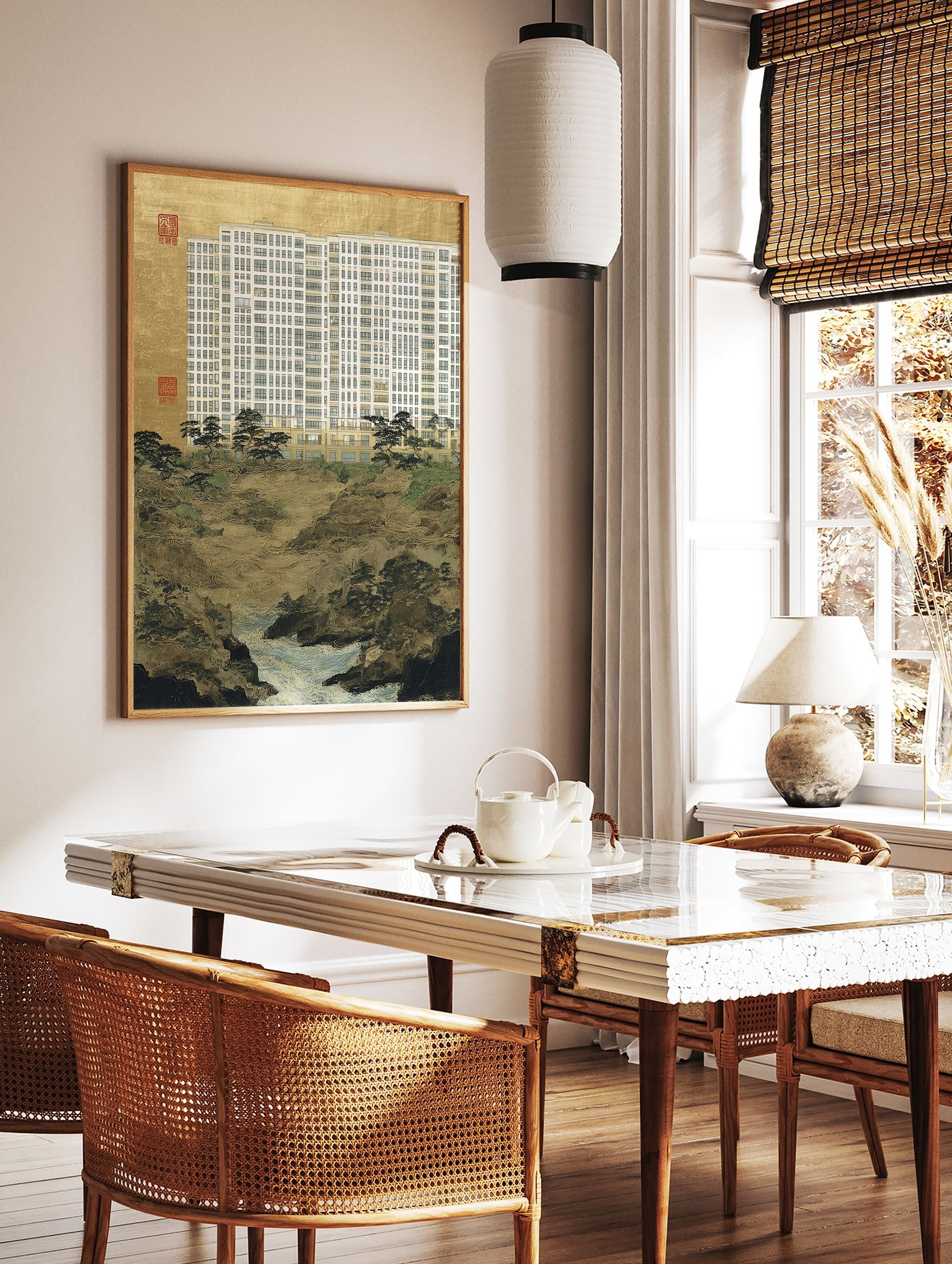 Modern building with multiple windows above a traditional Japanese landscape with mountains, trees, river, and gold background art print. - Image 2