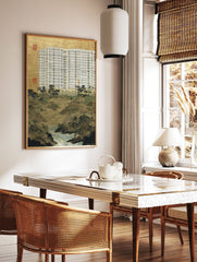 Modern building with multiple windows above a traditional Japanese landscape with mountains, trees, river, and gold background art print. - Image 2