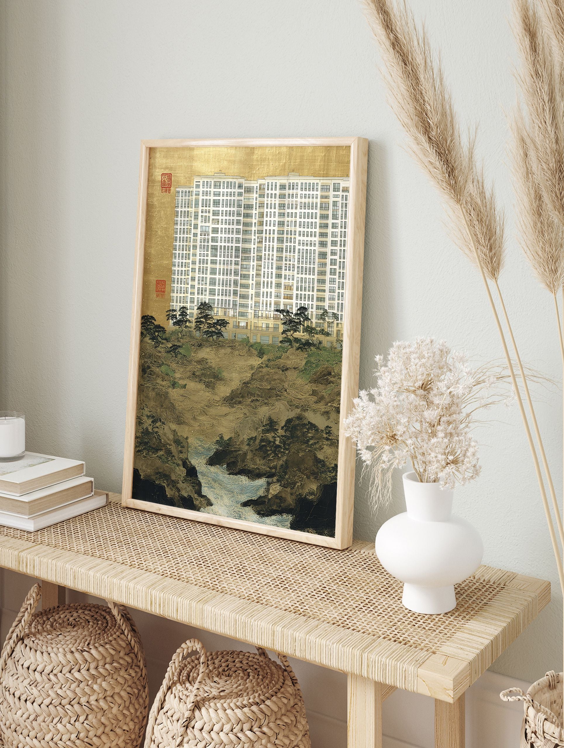 Modern building with multiple windows above a traditional Japanese landscape with mountains, trees, river, and gold background art print. - Image 3
