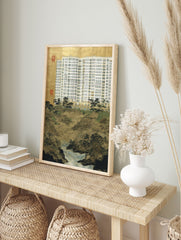 Modern building with multiple windows above a traditional Japanese landscape with mountains, trees, river, and gold background art print. - Image 3
