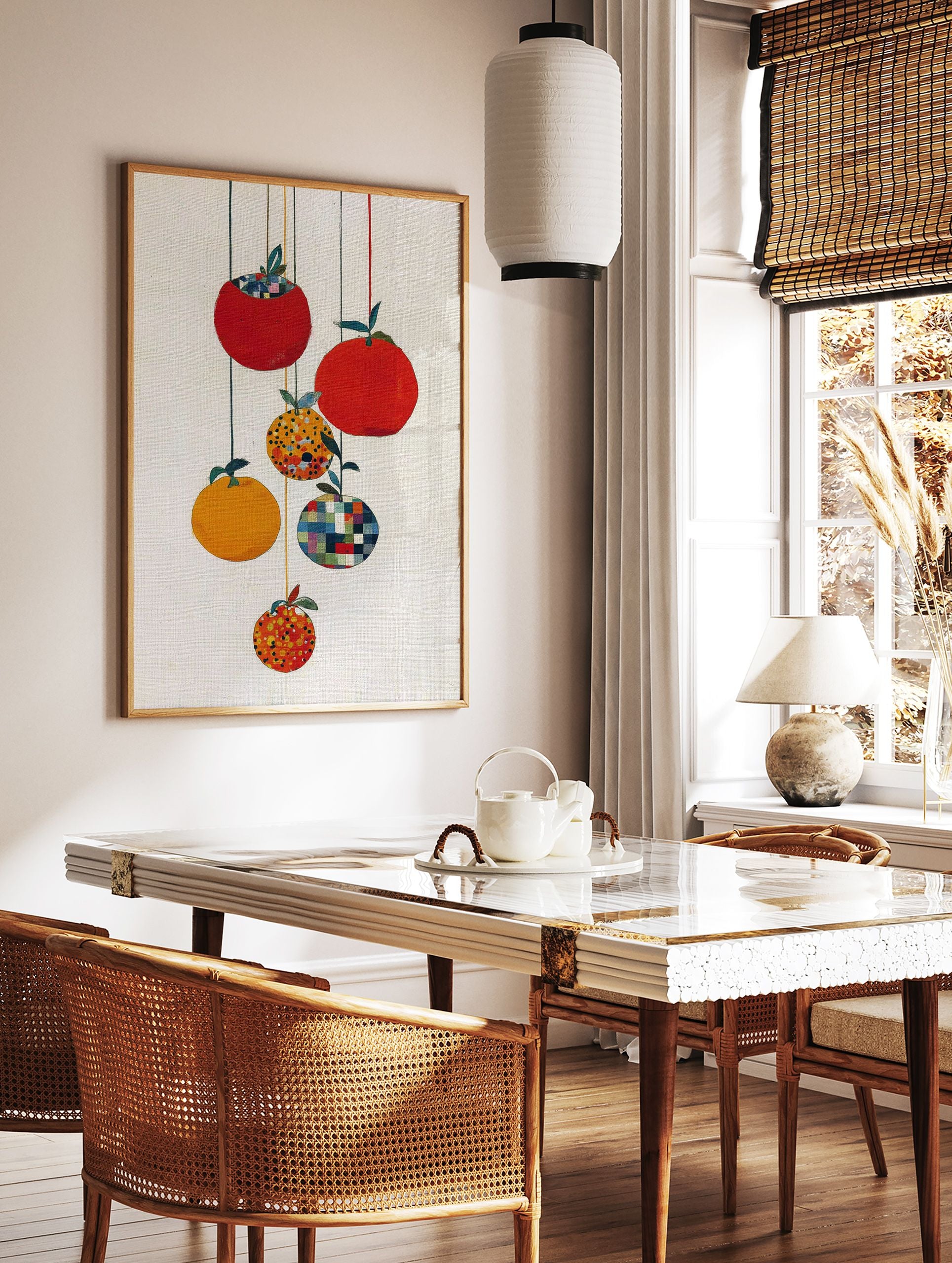 Modern fruit wall art featuring five stylized red and orange fruits with patterned details hanging from strings on a white background. - Image 3