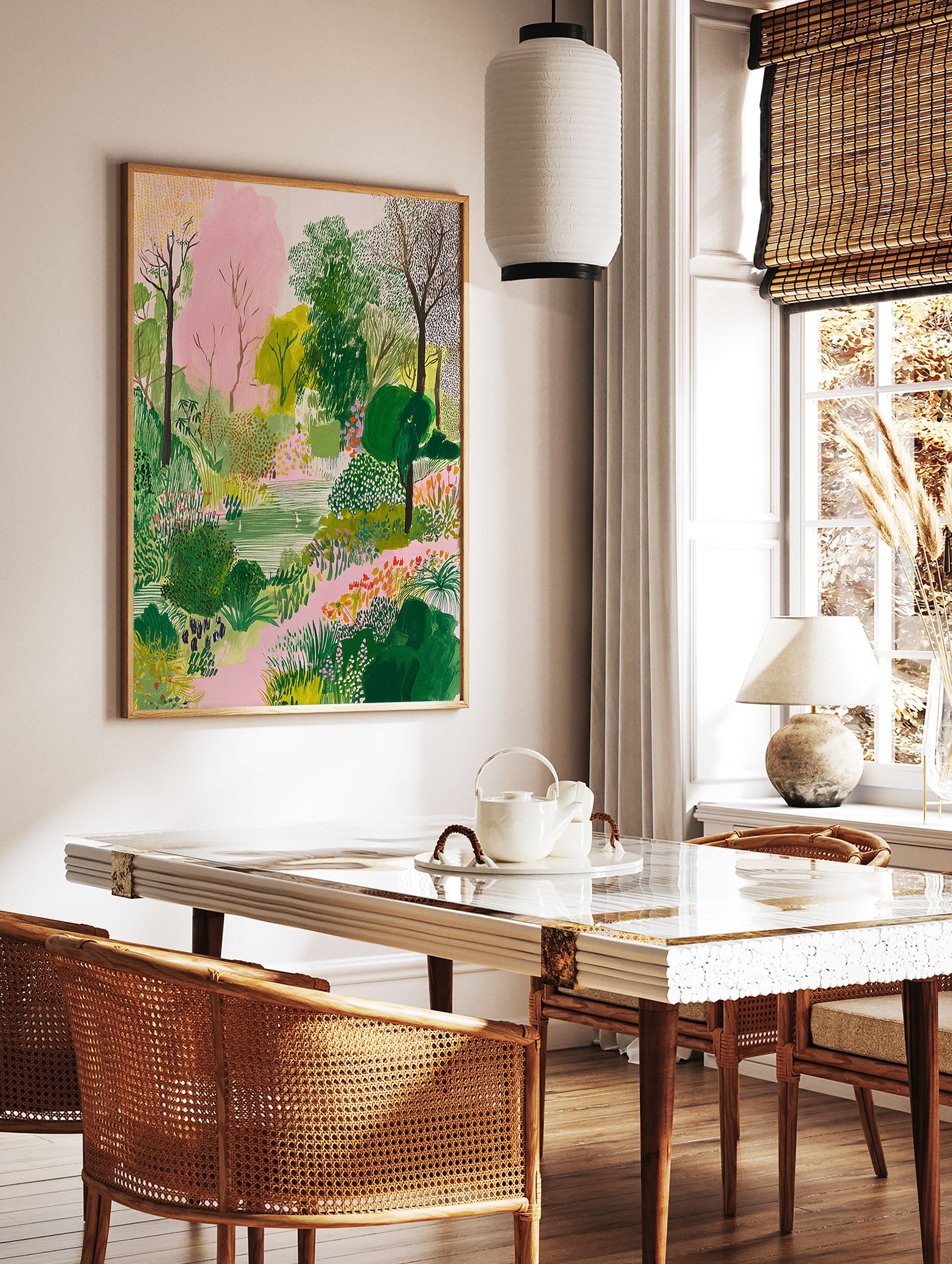 Modern garden poster featuring a vibrant green and pink landscape with trees, bushes, flowers, and a pond with swans. - Image 2