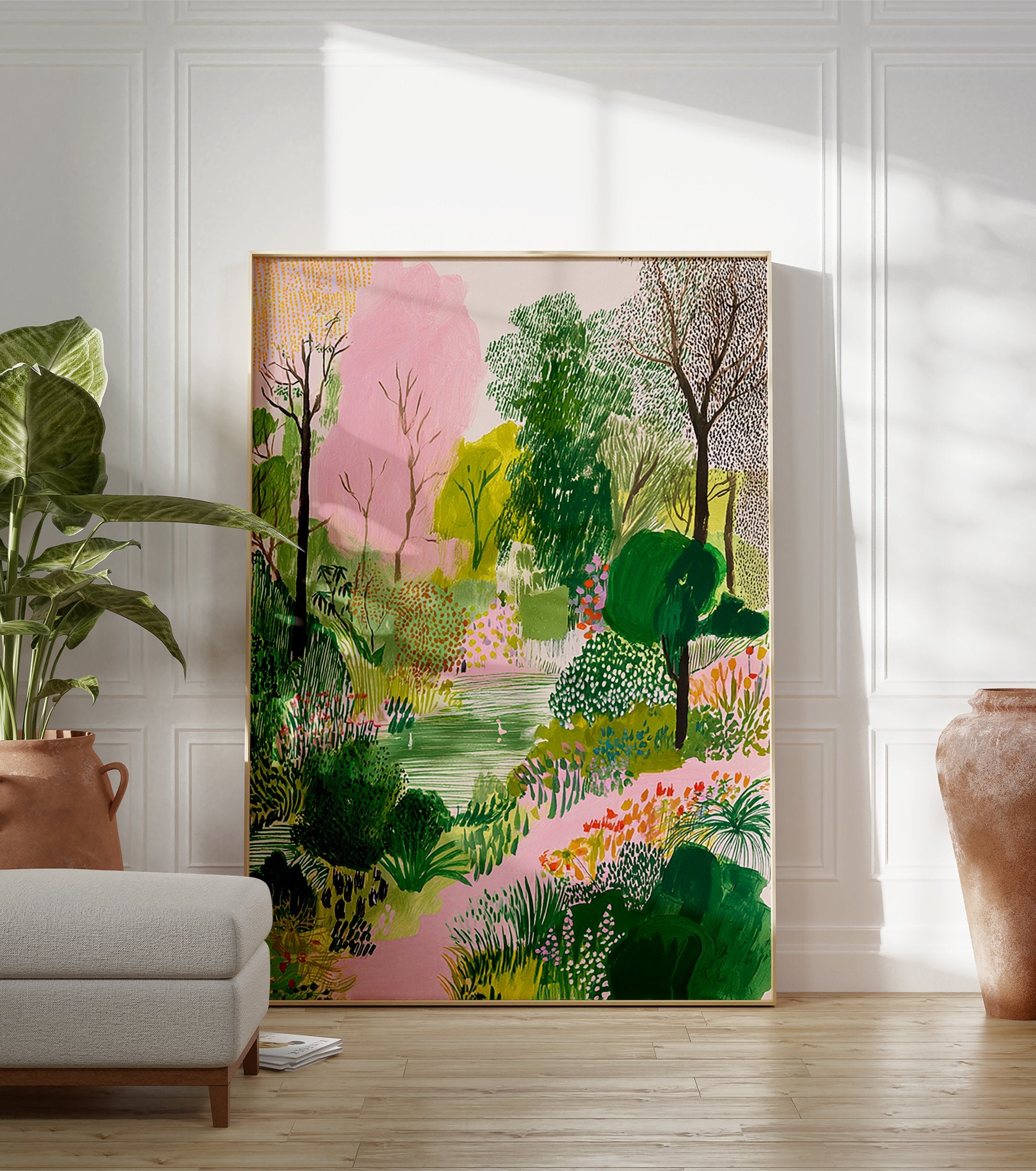 Modern garden poster featuring a vibrant green and pink landscape with trees, bushes, flowers, and a pond with swans. - Image 3