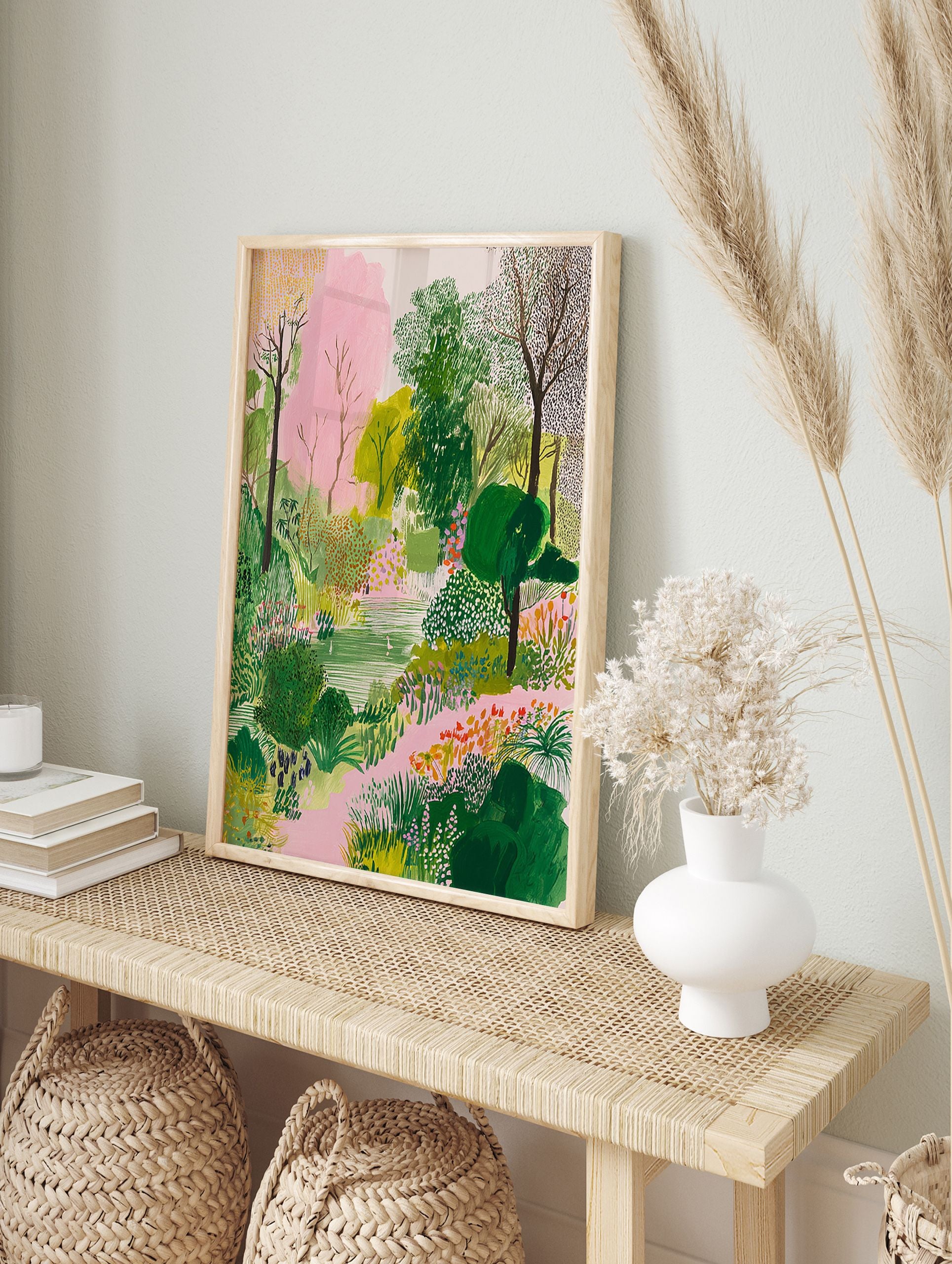 Modern garden poster featuring a vibrant green and pink landscape with trees, bushes, flowers, and a pond with swans. - Image 4