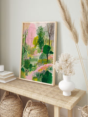 Modern garden poster featuring a vibrant green and pink landscape with trees, bushes, flowers, and a pond with swans. - Image 4