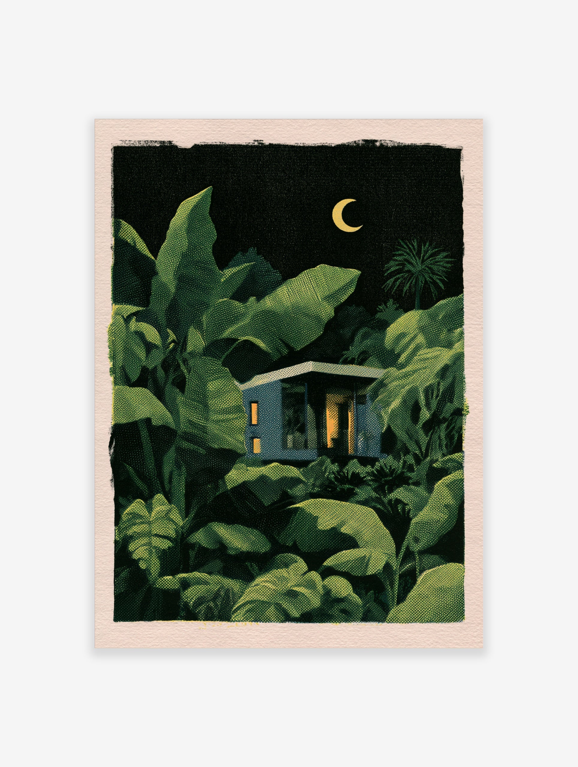 Modernist house with glowing windows nestled in a dark, lush tropical jungle under a crescent moon, illustrative style