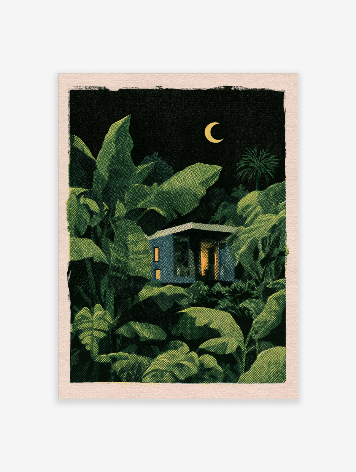 Modernist house with glowing windows nestled in a dark, lush tropical jungle under a crescent moon, illustrative style