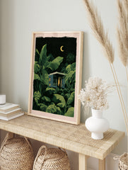 Modernist house with glowing windows nestled in a dark, lush tropical jungle under a crescent, in an alternate framed mockup