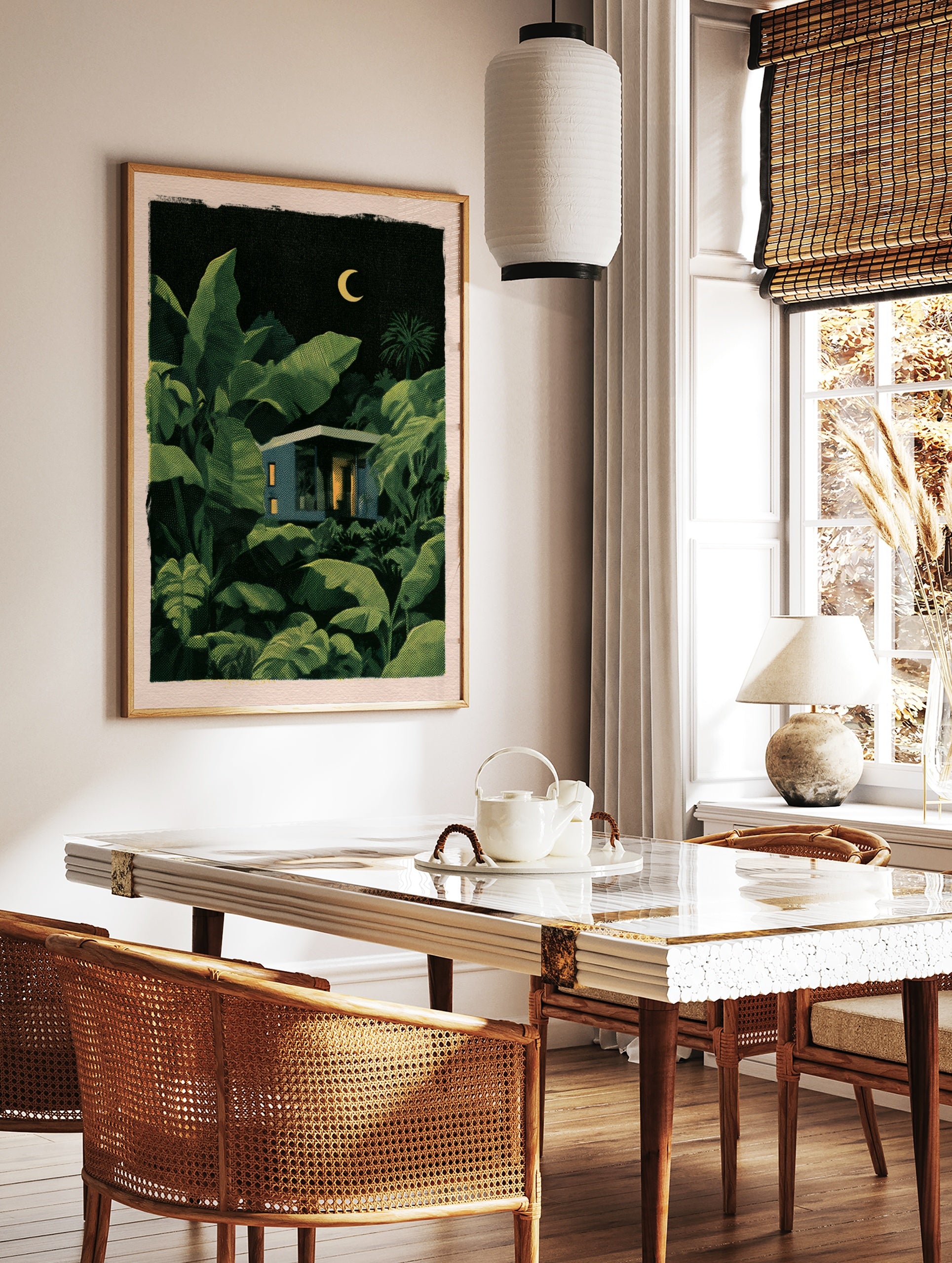 Modernist house with glowing windows nestled in a dark, lush tropical jungle under a crescent moon, in a styled room mockup