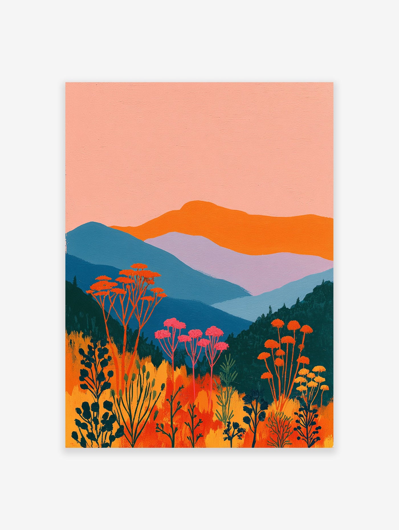 Modern landscape painting depicting colorful mountains, orange and pink botanical flowers, and green foliage under a peach sky.