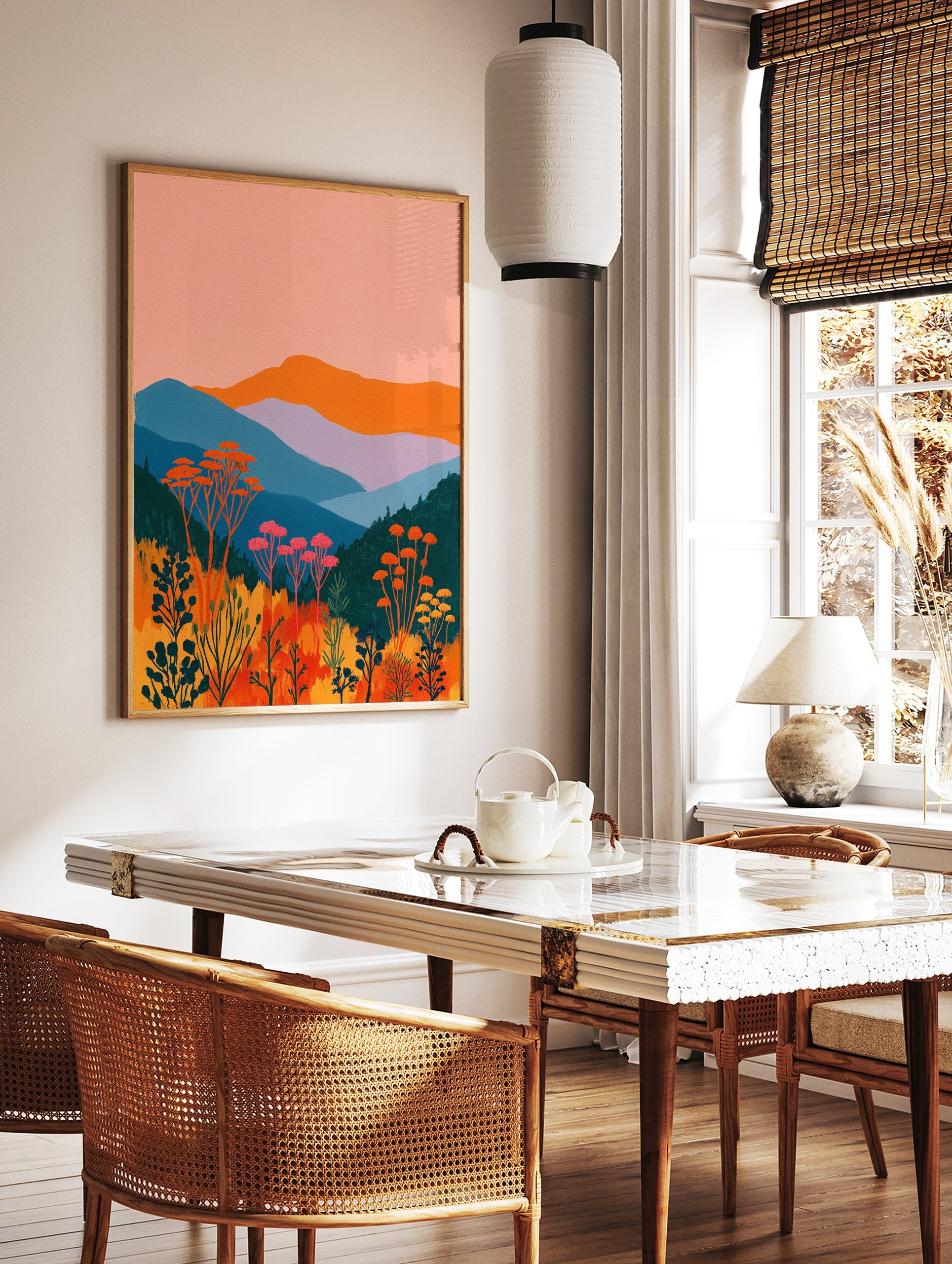 Modern landscape painting depicting colorful mountains, orange and pink botanical flowers, and green foliage under a peach sky. - Image 2