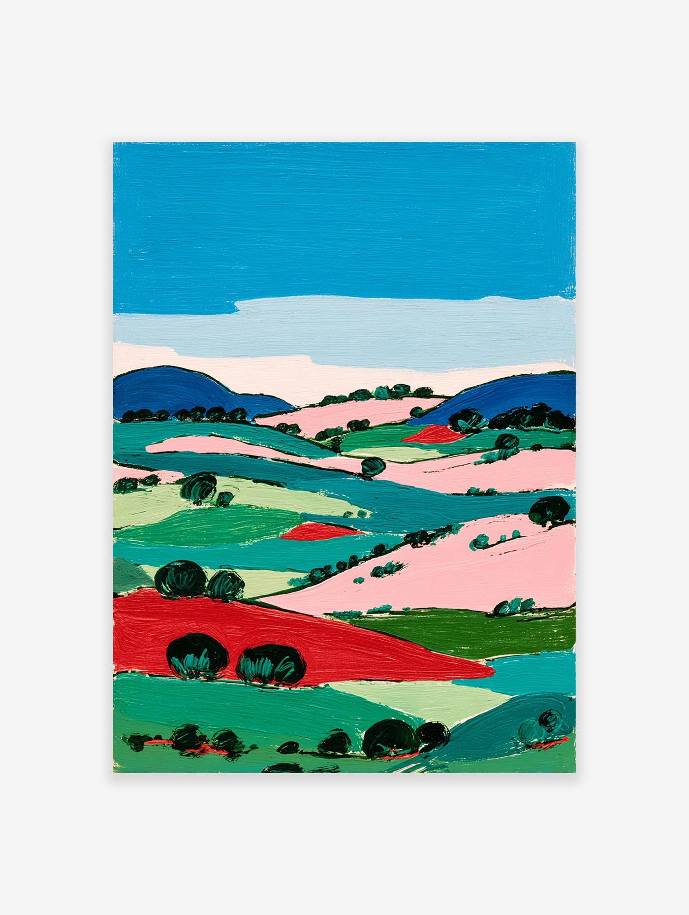 Vibrant modern landscape wall art painting featuring rolling hills, fields, and trees in bold blue, green, pink, and red colors under a blue sky.