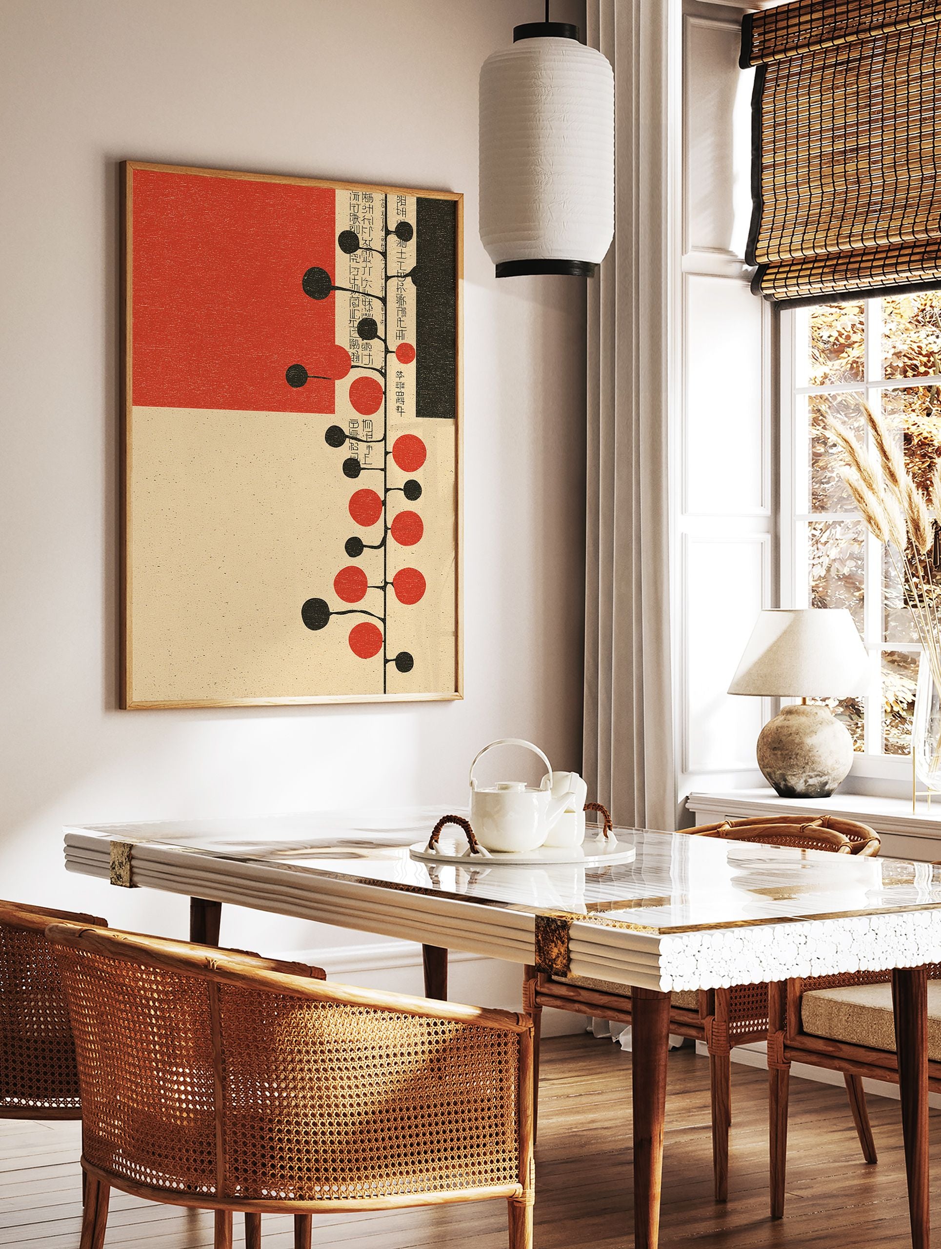 Modern wall art print with abstract red and black circles branching from a vertical line, on a beige background with Japanese text. - Image 2