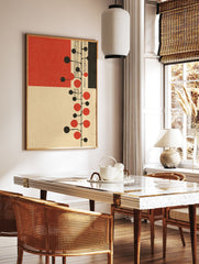 Modern wall art print with abstract red and black circles branching from a vertical line, on a beige background with Japanese text. - Image 2