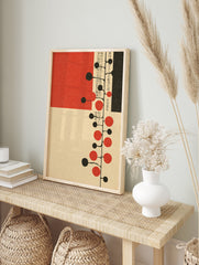 Modern wall art print with abstract red and black circles branching from a vertical line, on a beige background with Japanese text. - Image 3