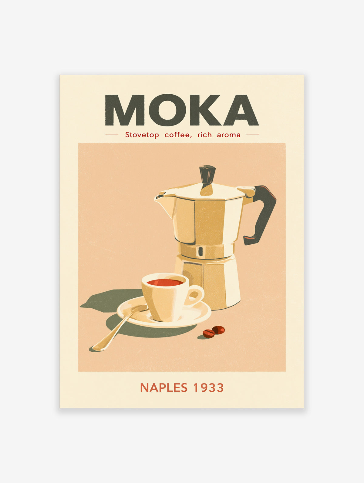 Moka coffee poster with stovetop espresso maker, red cup, spoon, beans, and MOKA text on beige background
