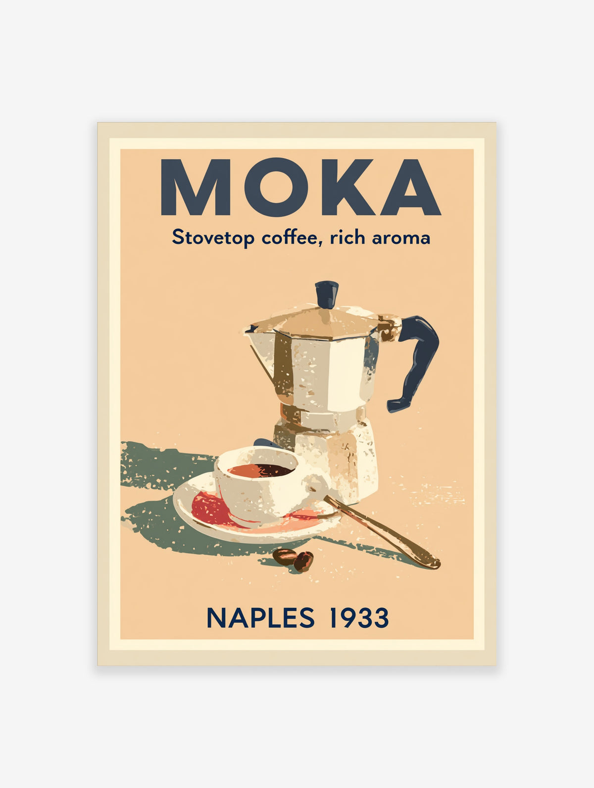 Vintage Moka coffee poster with stovetop pot, espresso cup, beans, and Naples 1933 text