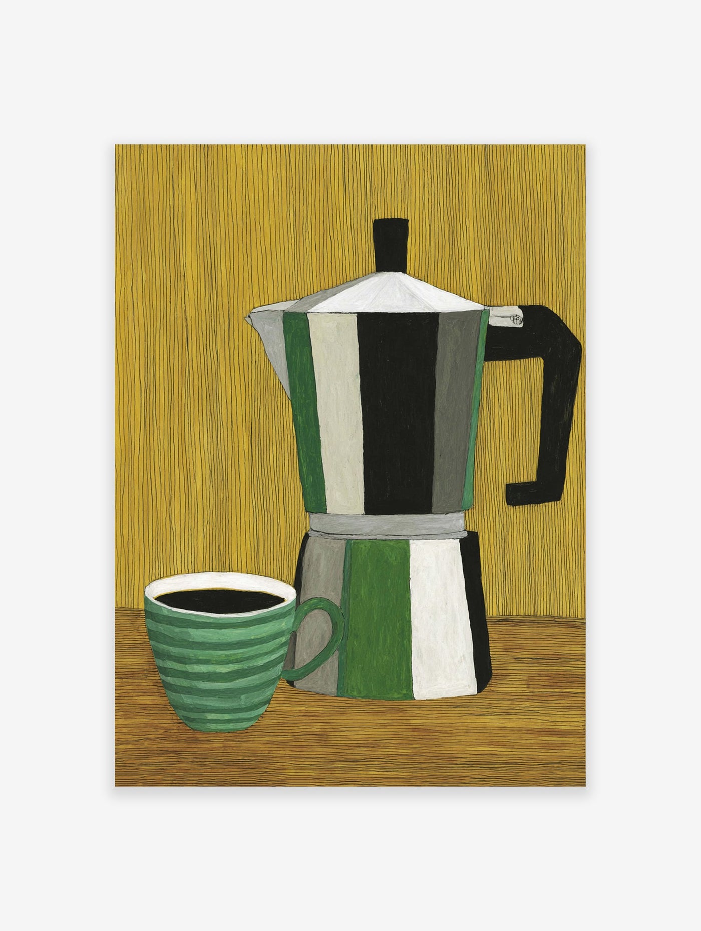 Illustrative coffee art print of a striped moka pot and green coffee cup on a brown table with a yellow background.
