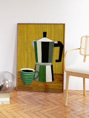 Illustrative coffee art print of a striped moka pot and green coffee cup on a brown table with a yellow background. - Image 2