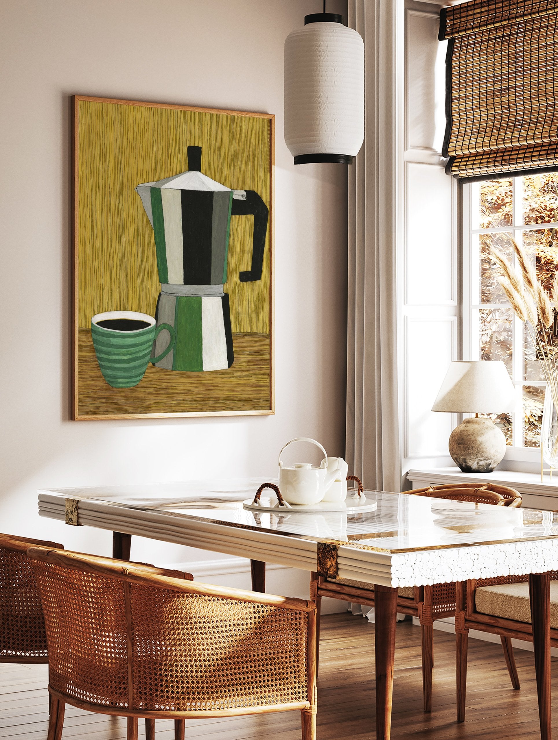 Illustrative coffee art print of a striped moka pot and green coffee cup on a brown table with a yellow background. - Image 3