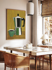 Illustrative coffee art print of a striped moka pot and green coffee cup on a brown table with a yellow background. - Image 3