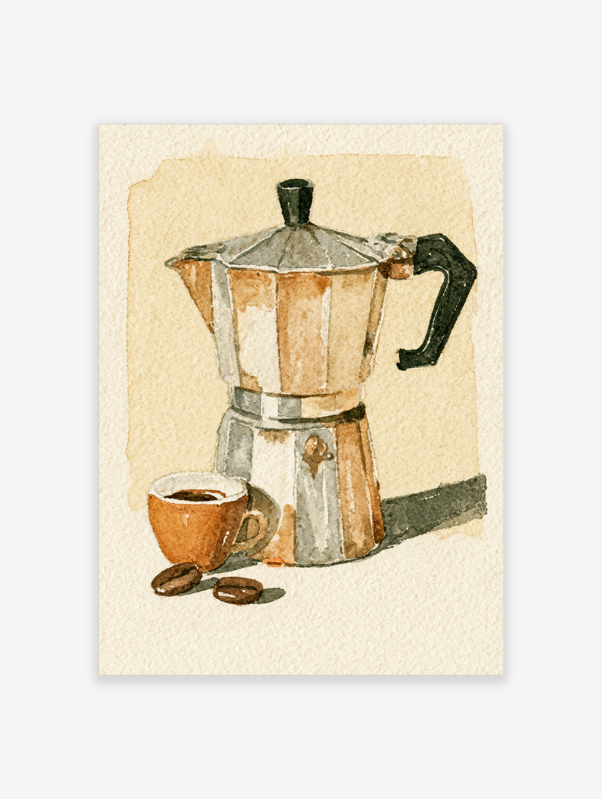 Watercolour moka pot with brown coffee cup and two beans on beige background art print