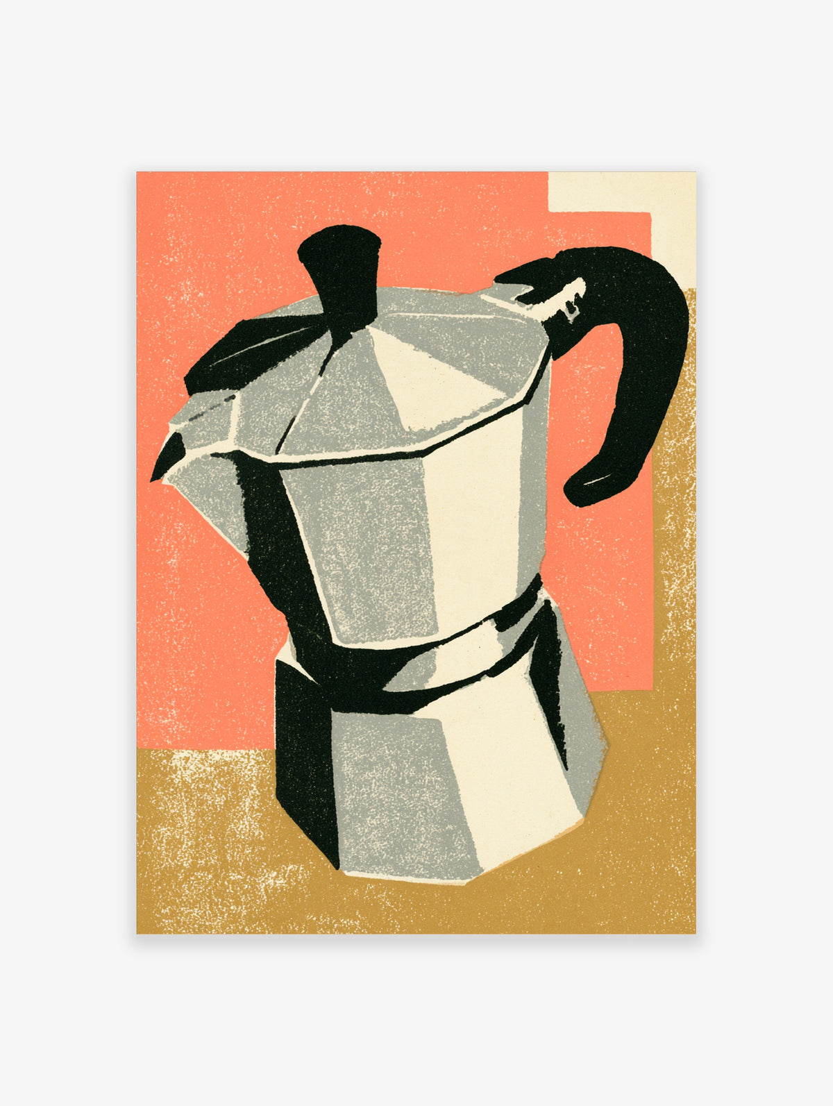 Geometric moka pot poster with grey, black, coral and ochre colour blocks on a textured background