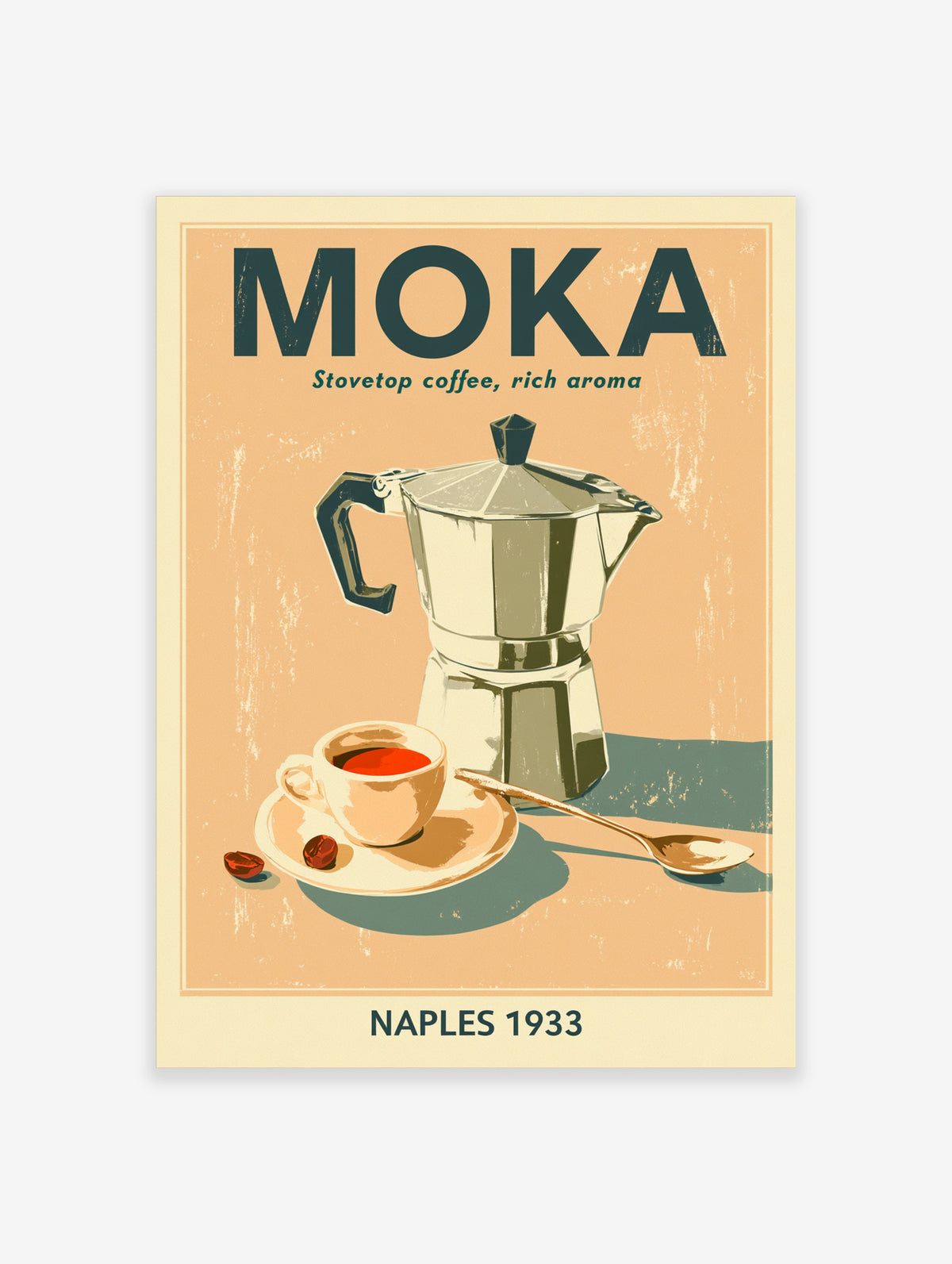 Vintage Moka pot poster with coffee cup, spoon, and 'MOKA' text on peach background
