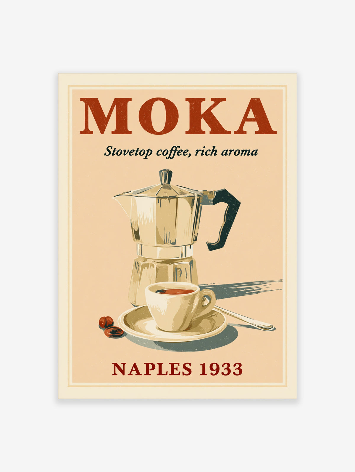 Vintage Moka pot poster with stovetop coffee maker, cup and beans, red MOKA text on beige background