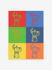 Multi-color pop art style print featuring six Moka pot coffee makers with steam on contrasting backgrounds